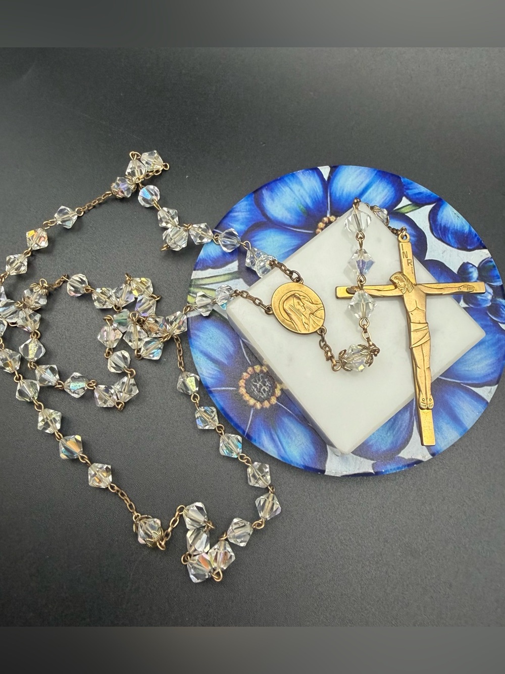 Gorgeous! Vintage Krementz Gold Filled Rosary #814 clear crystal AB beads